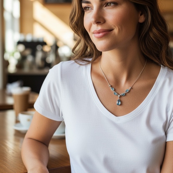 Blue Topaz & White Sapphire Tear Drop Necklace New - Picture 8 of 15